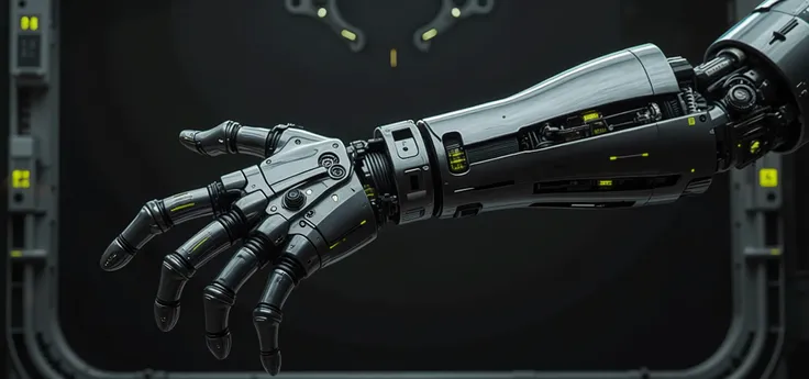 A cyborg arm becoming a medical scanner, foreground.