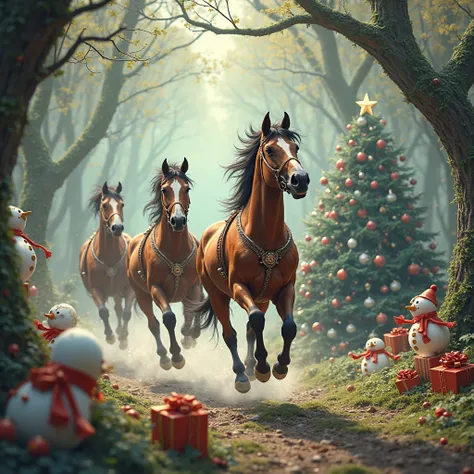 Three Horses in harness galloping in a fairy tale forest in  style with New Year elements such as snowmen, presents, Christmas tree toys, fairy tale background, high detailing