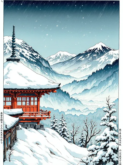 浮世絵風のOriginal Japanese Landscapeの多色刷り木版画, A temple with a snowy landscape deep in the mountains、Snow piled up on roofs and snow dripping on pine branches,Winter sky drawn in light blue and white on the background,New Prints,When it's dark,multicolor textur...