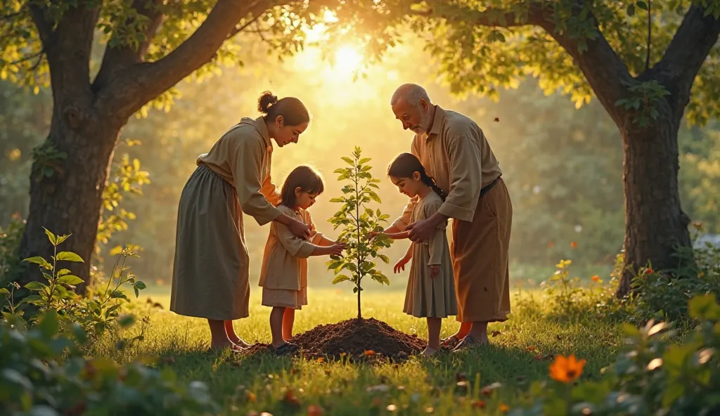 A family planting a tree in honor of their ancestors, marking new beginnings.  
