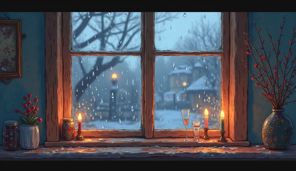 CREATE AN ANIMATED PIXAR CARTOON-STYLE ILLUSTRATION of a window on a rainy and cold afternoon