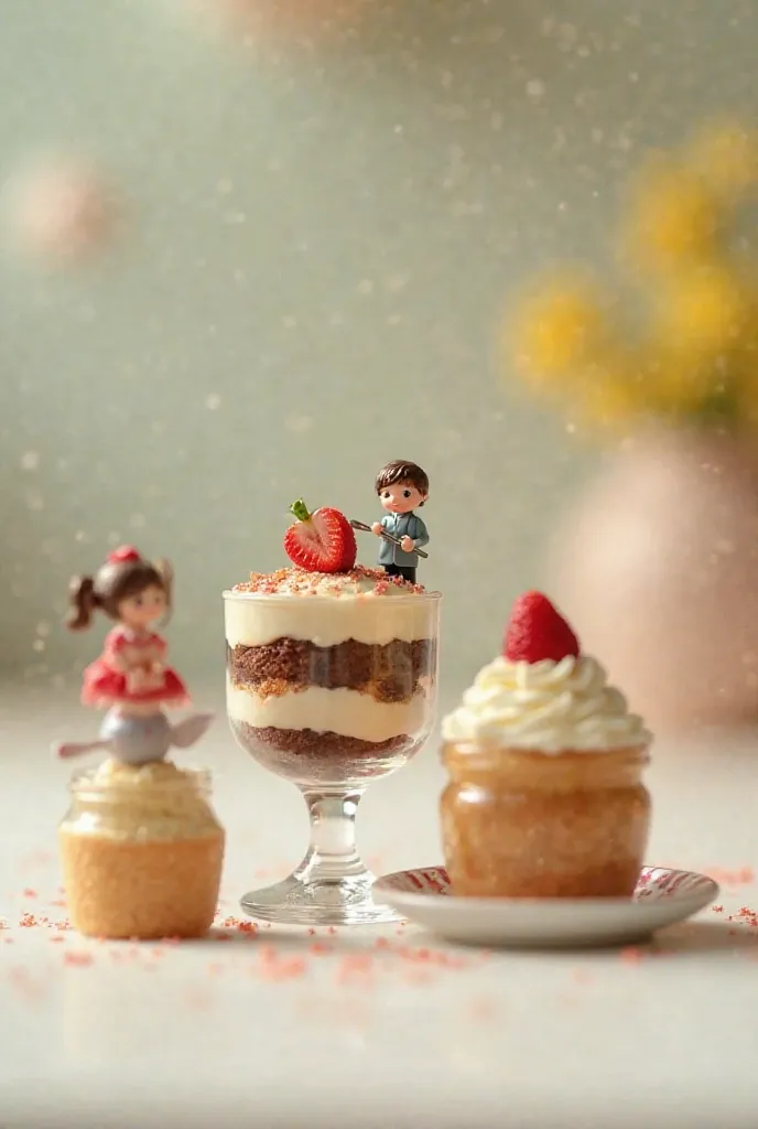 A playful and charming scene with tiny figures and desserts: a tiny tiramisu in a petite glass, the layers of coffee-soaked cake and creamy mascarpone perfectly visible, with a tiny figure of a man gently spooning a bite. Nearby, a miniature cake in a smal...