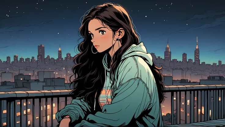 best quality, 8k,side view,21 year old girl,wearing headphones,Full body,sitting benchi black hair, long hair,light brown eyes,hoodie,City,between buildings,night view,Sky at Night