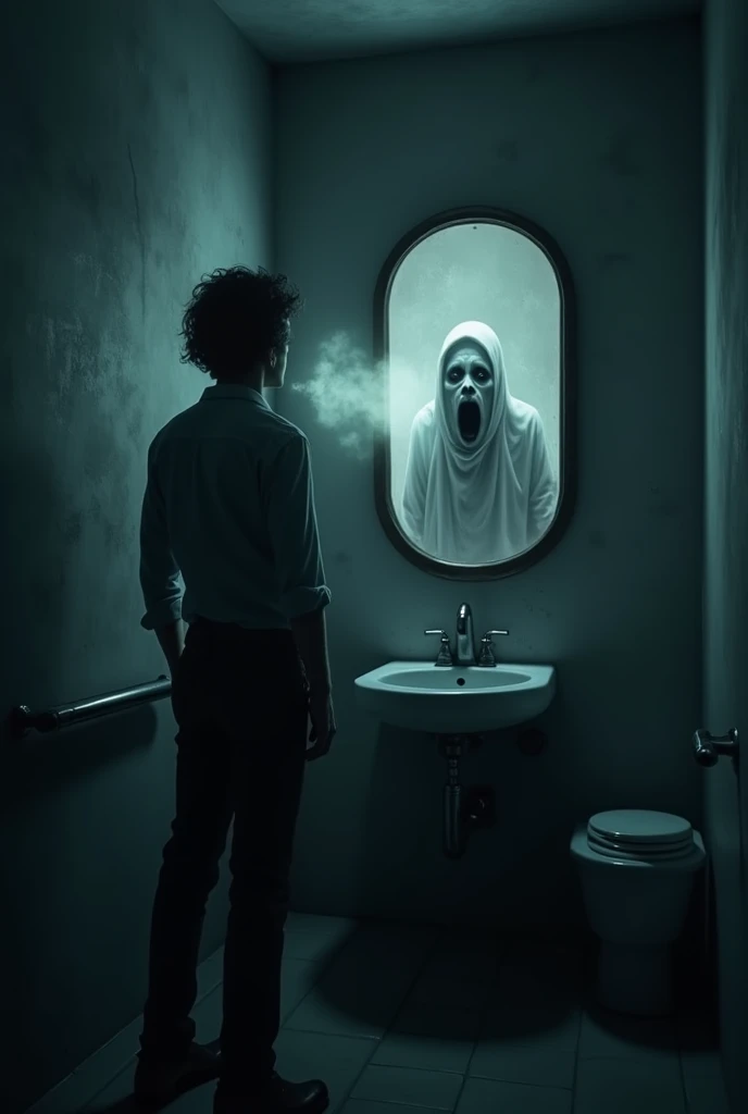 "A dark bathroom with shadows moving on the walls. The character is looking into the mirror, where a ghostly figure appears whispering. The figure's mouth is open, with a visible sound coming out of it (sound wave effect). Realistic style, cool tones and d...