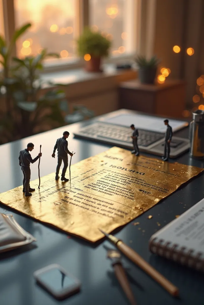 "Tiny figures crafting a giant golden CV on a modern desk. Some figures are painting the header in bold, others are carefully adjusting the text with tiny brushes. The background features a sleek, professional office with glowing light, symbolizing career ...