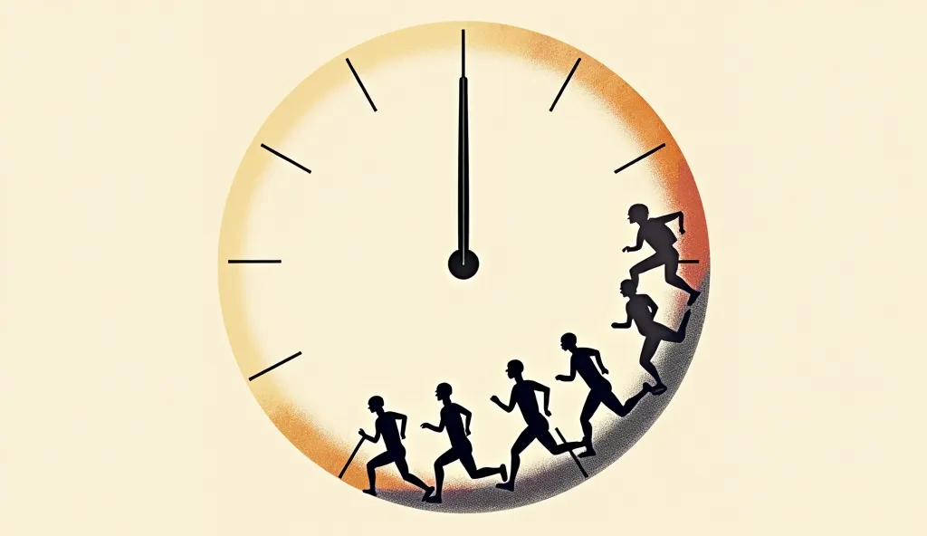 "A minimalist and clean illustration in 16:9 ratio and high resolution of a clock face. The clock hands are blurred to indicate rapid movement, spanning from a stylized sunrise at the 6 AM position to a stylized sunset at the 6 PM position.  Overlaid on th...