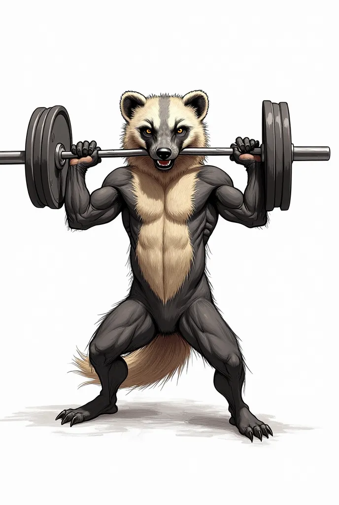 Create a very pumped honey badger doing weightlifting pose with a transparent background with a sketch line without the weights