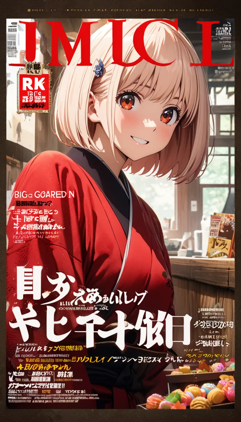 (beautiful girl : 1.3),1 girl,(chisato nishikigi),( red kimono,hair ornaments close to the garden),archic smile,Carrying Japanese sweets placed on Obon,Old coffee shop,(movie poster, magazine cover ,big title ,big logo ),masterpiece,Best Quality,Ultra High...