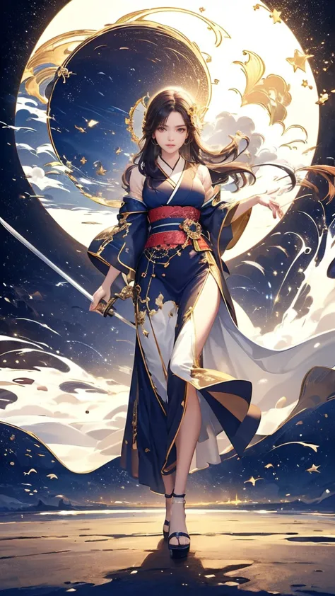 (The big moon shines,a girl looking at the big moon, Glowing Skin, long brown Hair, Soft leather),(8k, Best Quality, masterpiece:1.2, masterpiece,Highly detailed, Very detailed), Vibrant colors, Line art,Full Body Shot,Dance,Fluttery clothes,Countless ligh...