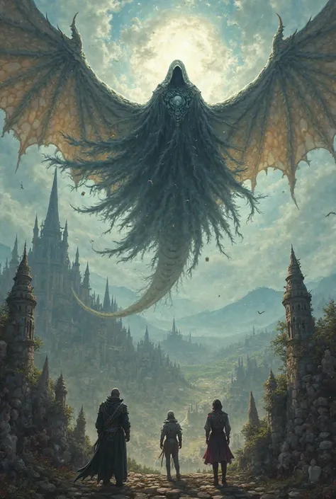 Create an image of a necromancer flying above a dragon over a kingdom where a warrior is found , yourself , priestess, Dwarf and an elf 