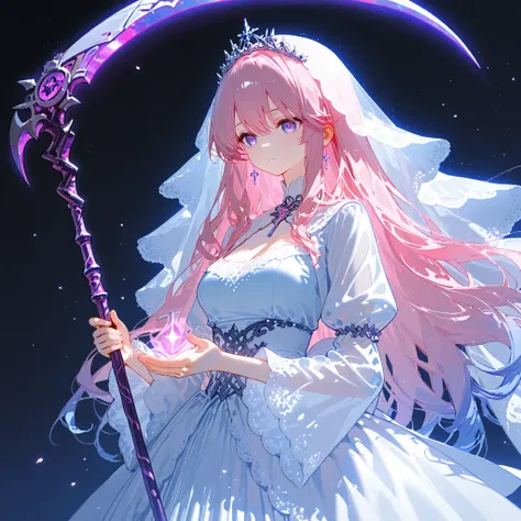 With a scythe、Create an image of a ghost anime girl with long pink hair and bundles of purple and other blue hair