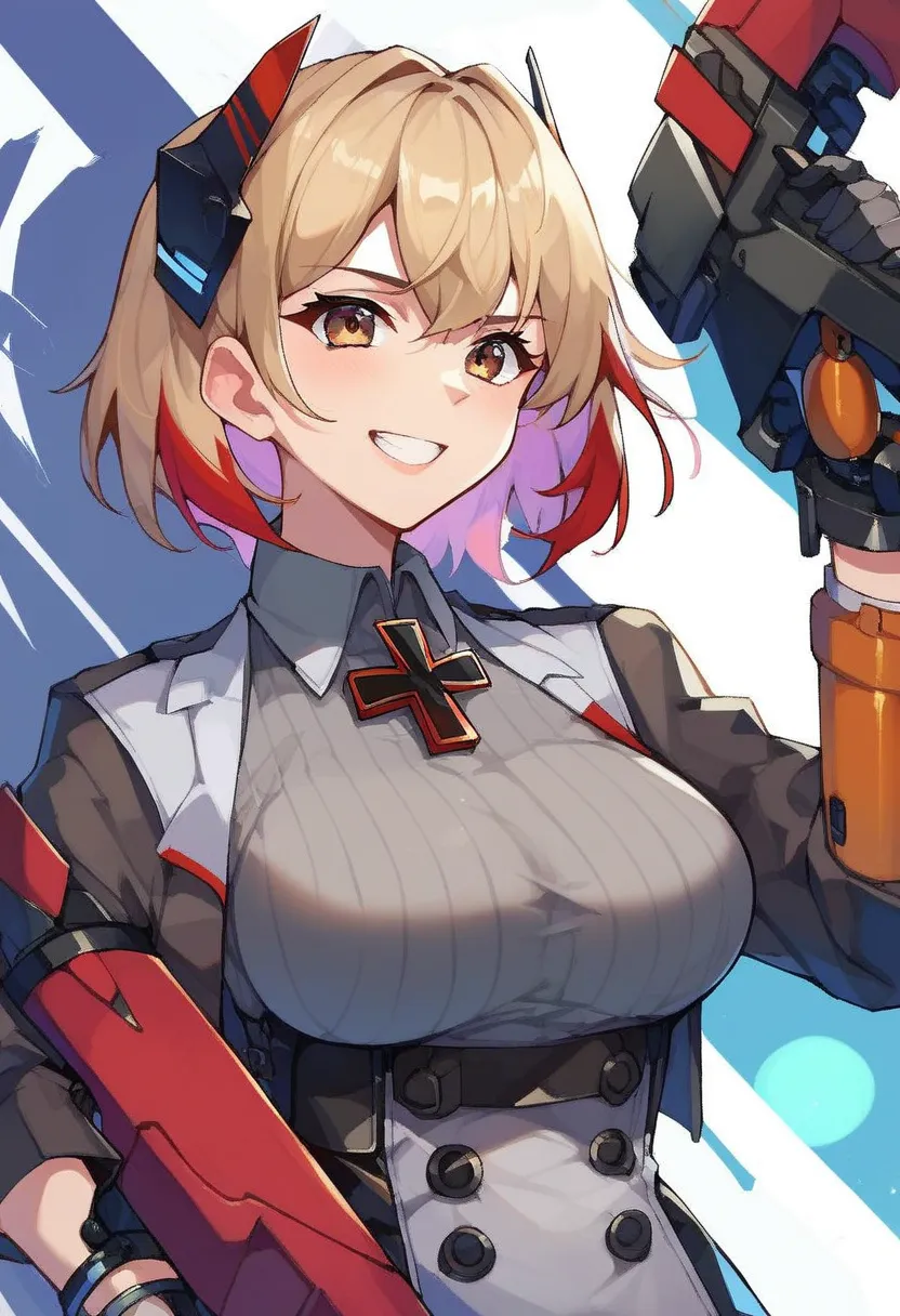 masterpiece, best quality, anime, 2D, 1 girl,brown eyes,  medium hair, two-tone hair,  headgear , Iron Cross, cropped jacket, open jacket, grey shirt, underbust,  Long Sleeve,  Mechanical Hand ,  double breasted, black miniskirt,  Mechanical Boots, portrai...