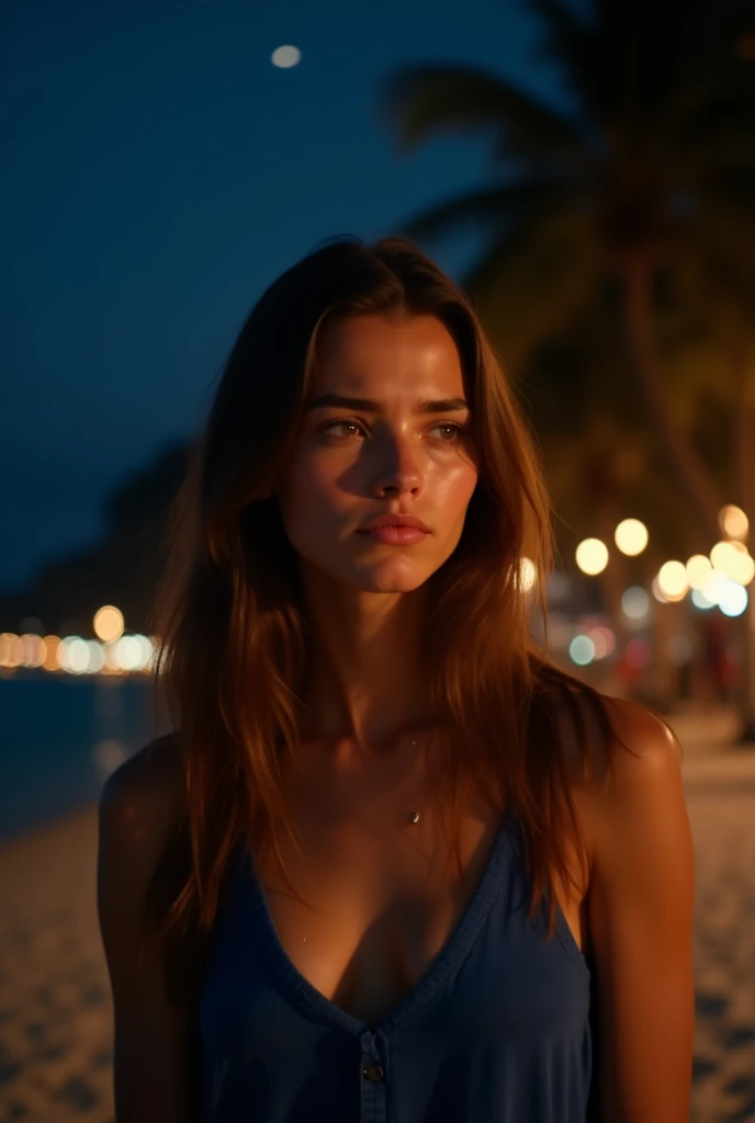 A young woman with long, straight brown hair, standing on a beach at night. She has a sad expression with teary eyes and a slightly reddened nose, as if she has been crying. She is wearing a blue sleeveless top, and her skin appears naturally glowing under...