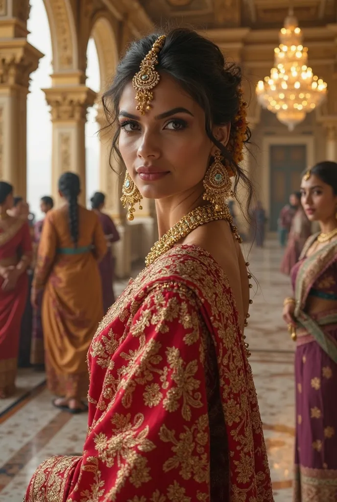 "A stunning Indian princess in an opulent royal palace, adorned with intricate gold jewelry and a richly embroidered silk saree. Her beauty is unmatched, with radiant skin, expressive eyes, and a regal posture. The grand palace features marble floors, orna...