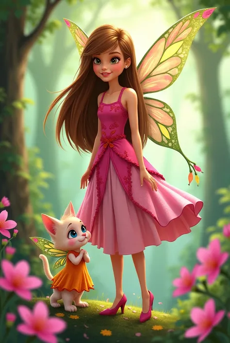 Make me a vertical drawing, of a fairy with straight brown hair without bangs and brown eyes, wearing a pink and green dress (that looks like Fora de las WINX) ,together with her magical pet which is a pink kitten with wings and a mini blonde fairy with tw...