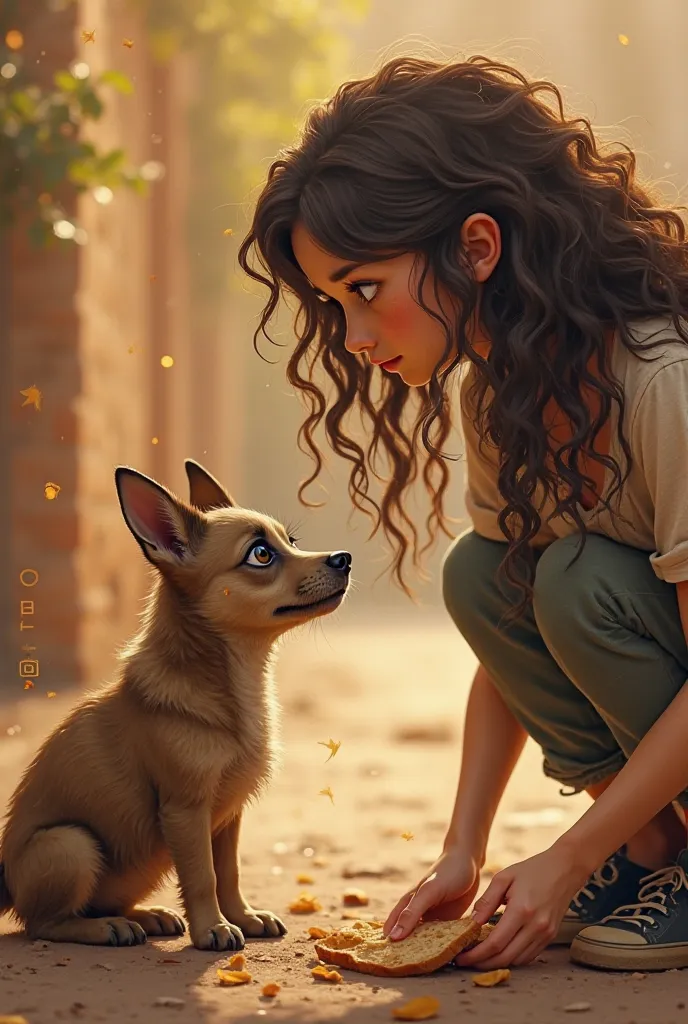 The stray dog, dirty and with sad eyes, he looks with hope at a girl with curly hair who bends down to offer him some bread. His expression changes from fear to curiosity and hope. Background with warm tones.