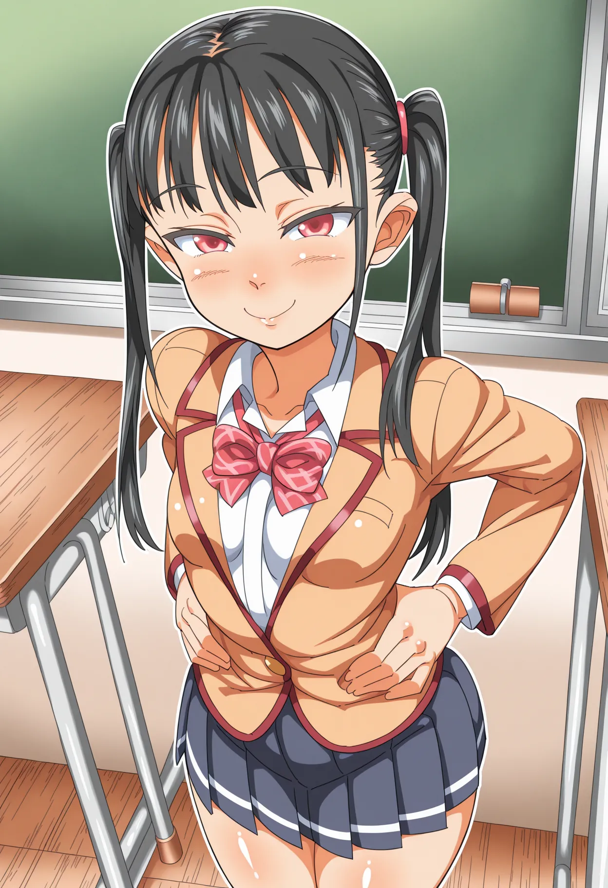 akushizu, 1girl, solo, red eyes, long hair, black hair, bangs, twintails, hair elastic, smile, closed mouth, small breasts, loli, hands on waist, jacket, bowtie, callored shirt, pleated skirt, school uniform, classroom