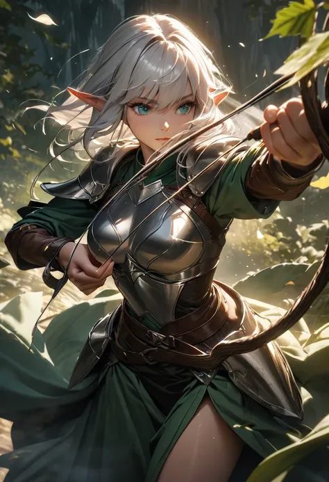 An elven archer in the midst of battle, drawing her bowstring taut, her eyes locked on the target, wind blowing through her silver hair, wearing Leather armor, leaves swirling around her, cinematic fantasy lighting, ultra-detailed textures, high quality, h...