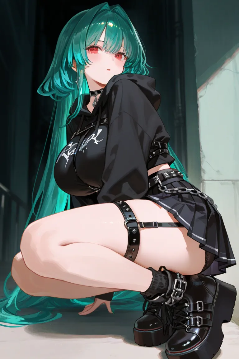 black hoodie、 black mini pleated skirt、 black underwear、Chain belt、harness、garter ring、choker、 very big long breasts、 Read more、 emerald hair、long hair、 red eyes、Black platform sneakers