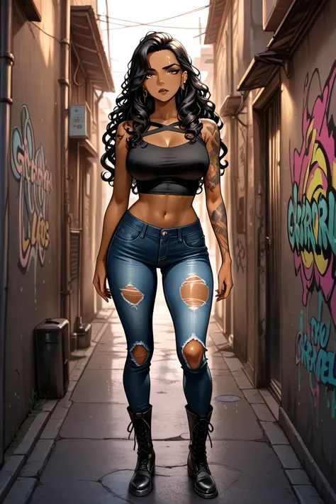 A curvy girl with a rebellious style of dressing, tan skin and long dark curls. Add piercings and a few tattoos as well as grungy style clothing.