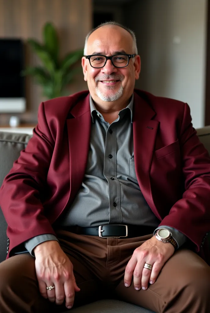 A handsome masculine mix Turkish and Pakistani chubby 60 year old man with short, thin hair, thick glasses, and a mix between jersey engle dan Fernando soto , chubby, wearing black peci on his head, thin hair almost bald, sitting astride on the couch weari...