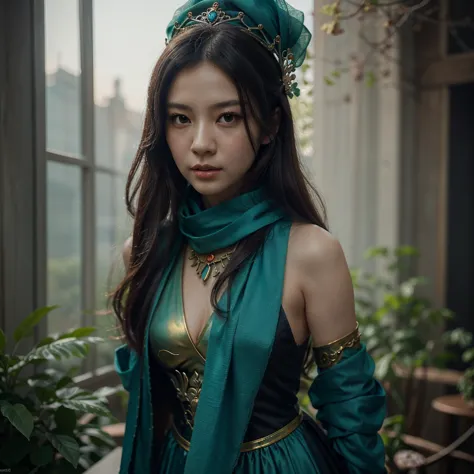 A woman in a blue dress with a long green scarf,  A beautiful character painting ,  A beautiful fairy empress ,  by Yang G , style of Germ art, Germ art and ruan jia, extremely detailed Germ art, trending Germ art, Germ art. Anime animation, ruan jia and G...