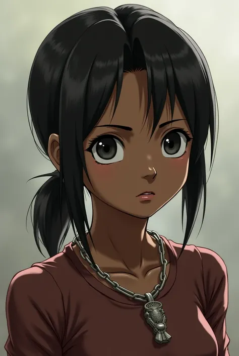 Attack on Titan, a girl with a slightly black complexion, black eyes, her hair looks like a pieck finger but is shorter and in a ponytail that makes her hair a little more, she wears a statue necklace for freedom 