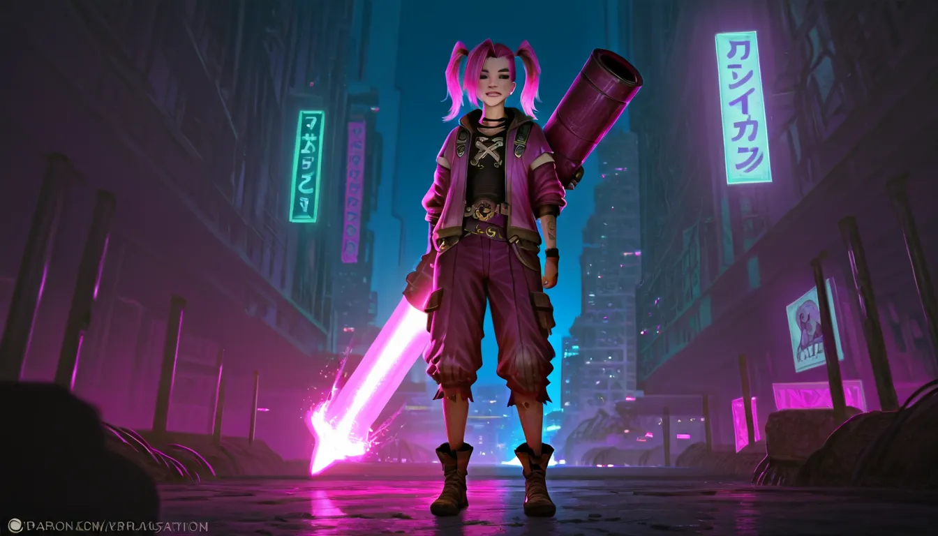 jinx from arcane, beautiful young woman with pink hair in twin ponytails, mischievous expression, holding a large rocket launcher, standing in a dark, industrial cyberpunk city environment with neon lights, glowing energy fields, towering skyscrapers, 4k, ...