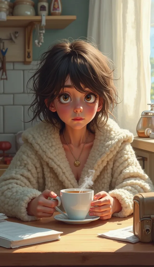 "A realistic digital painting of a sleepy and exhausted person struggling to start their day. They sit at a kitchen table or a desk, eyes half-open, hair messy, and wrapped in a loose robe or oversized sweater. A steaming cup of coffee rests in their hands...