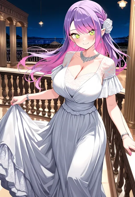 (Best Quality , 8k , masterpiece , incredibly absurdres , perfect body , super detailed skin , highly detailed eyes and face , 1 woman ) , tokoyami towa , purple Hair , Green eyes , smile ,  will be happy , ( elegant lace long dress , earrings , bracelet ,...