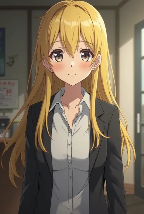 Screenshot of Tokyo Reveyers
A 15-year-old woman has long hair like Mikasa Akherman's, but light yellow, like Manjiro's, healthy, penetrating dark eyes, like Manjiro's healthy, her smile just like Manjiro's healthy. 
She's in a room she wears a white shirt...