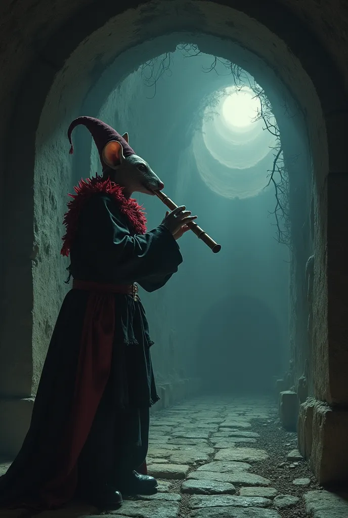 buffoon at the entrance of a vortex to another dimension,  Playing a flute like the flutist of Hamelin, attracting people with a human body and a rat's face, mesmerized by the sound of the flute. dark space that denotes a nightmare. The jester wants people...