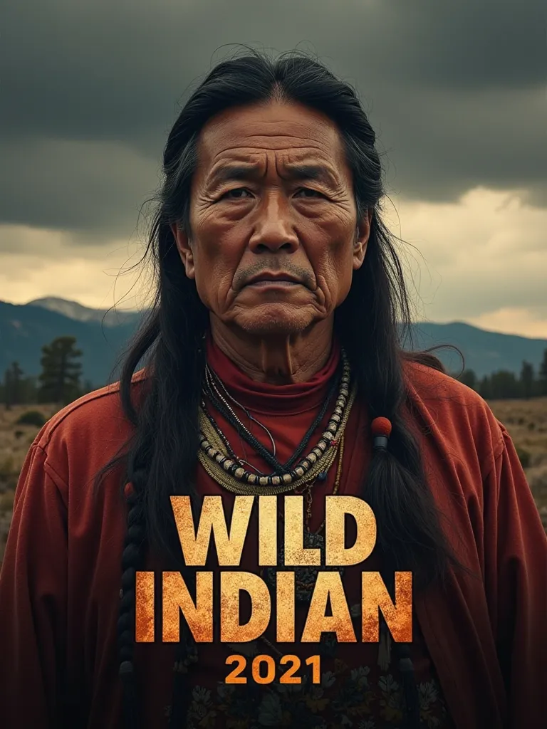 Prompt:
"Design a striking movie poster for Wild Indian (2021). The poster should feature a Native American man with a stoic expression, wearing traditional attire, standing in front of a vast wilderness with a dark, brooding sky. His face should convey in...