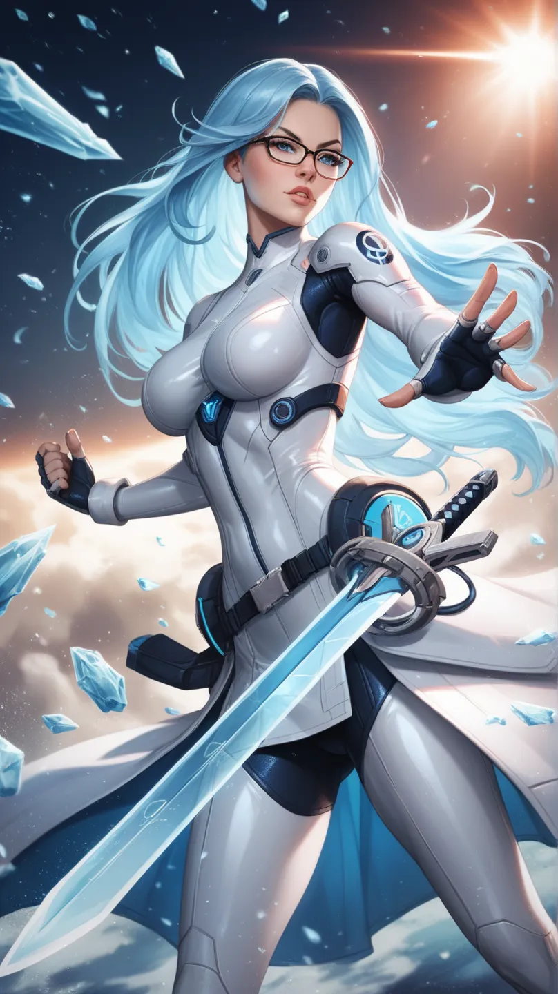 girl with long light blue hair and glasses, in a tight white costume futuristic style, with a futuristic ice-blue blade sword, Fight pose striking with the sword , Sword blast ice particles 