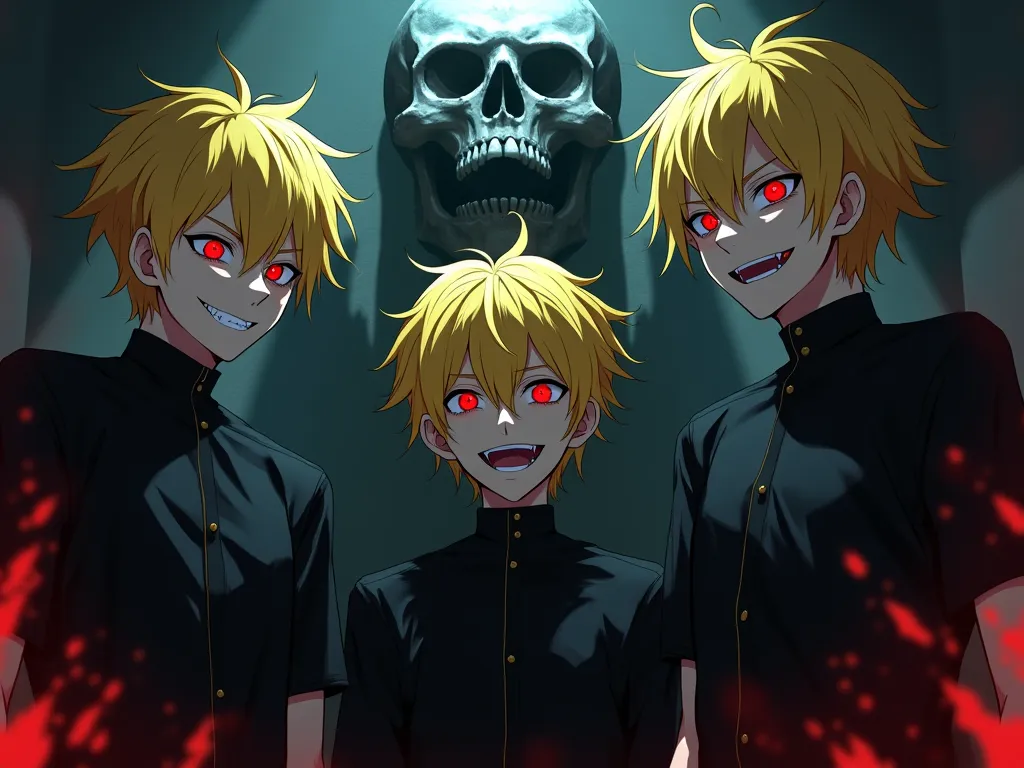 creeer moi un group de  beaux garçon d'anime cheveux jaune au yeux rouge ecarlate avec sourire menaçant aura sombre dans une piece sombre avec statue de tête de mort