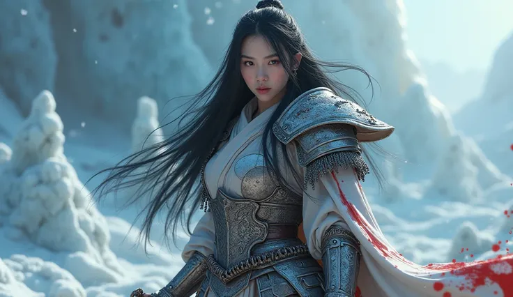 ((Full body photo, standing, feet on the ground)) a 40-year-old Korean woman, beautiful face, black hair, black eyes, wearing western-style armor, holding a bloodied Viking sword, blood on her face and armor, ice hell background, fantasy art by tyler edlin...