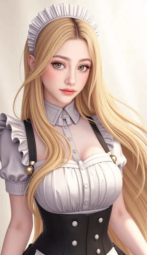  Silky Smooth Hair 、blonde long hair、hairstyle is straight、long hair that reaches the chest、、maid clothes