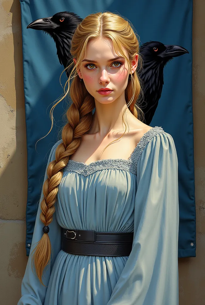 A realistic medieval fantasy portrait of an 18 year old girl. She is slender. He has golden brown eyes, lively and bright, dark blond hair, long and elegantly braided. White skin. He wears a long dress with a refined cut – Sky blue.
Behind her is a blue an...