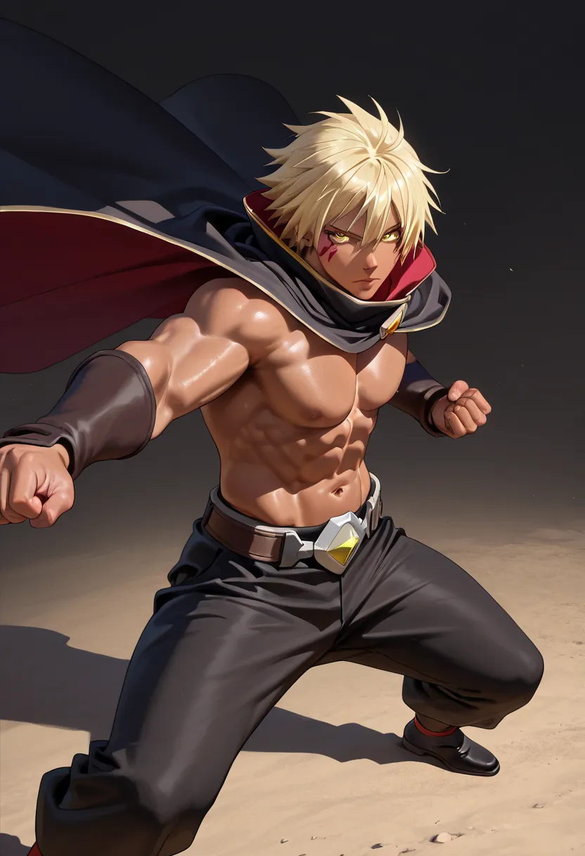 male_focus, solo, pectorals,abs, navel,veldora_tempest, blonde hair, yellow eyes, hair between eyes, bangs, facial mark, dark skin, dark-skinned male,a man a man no shirt, black cape, black pants.muscular_male.muscular, toned_male, toned, muscular_male.who...