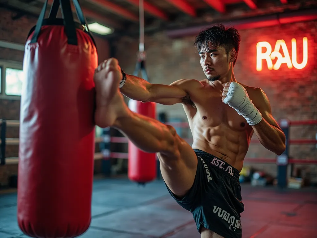 A Muay Thai fighter trains intensely at a traditional gym, with exposed brick walls and punching bags hanging from the ceiling. He wears wrestling shorts and bandages on his hands, while performing a powerful kick in a training bag. Sweat drips down your d...