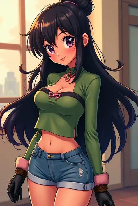 "cartoon", Larissa Negra, with a pretty face, long black hair, fastened at the top and loose at the bottom With two small locks on the front, She wears a green top with a black band-style top with a small pink bow in the middle on top, She also has large b...