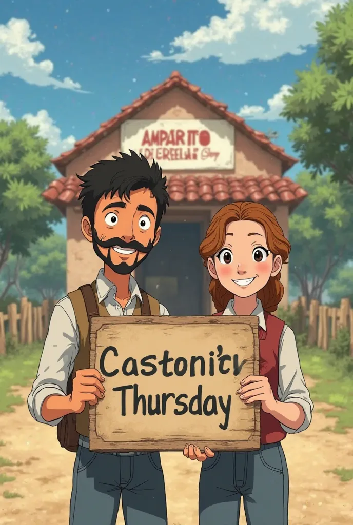 A couple of peasants holding a sign with the text written in Spanish "Closed until Thursday". Behind there is an ice cream shop called " Amparito Ice Cream Shop " In the middle of the rural countryside.  The young man has a black beard and mustaches and th...