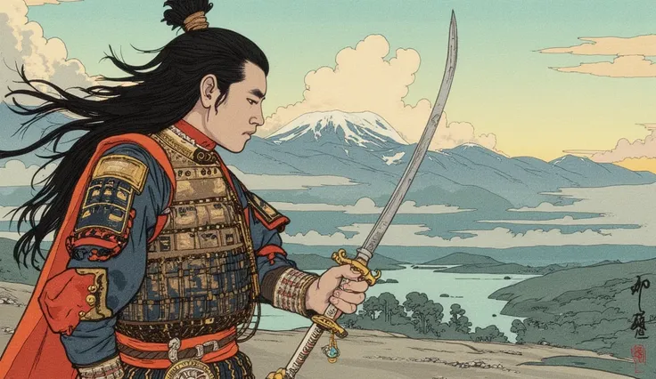 Japan、warrior、armor、Battle、合Battle、Battle場、Japan刀、 hold a sword、Killing 、3 male、valley、 from side、masterpiece、Best Quality、Hi-Res、very well detailed、8k、16k、Super Detail、 ukiyo-e:1.6、  black hair,random hairstyle、detailed face、hair fluttering in the wind、dy...