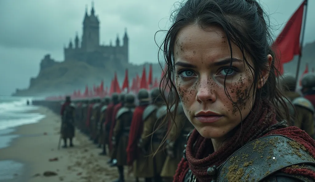 Close up close on sexy woman in armor with mud on her face and scars,  Bad Face, Black energy black soul, marching with an army with shield sword and flags on the beach full of mud destroyed castle near the beach full of boats flags wrecks medieval epic at...