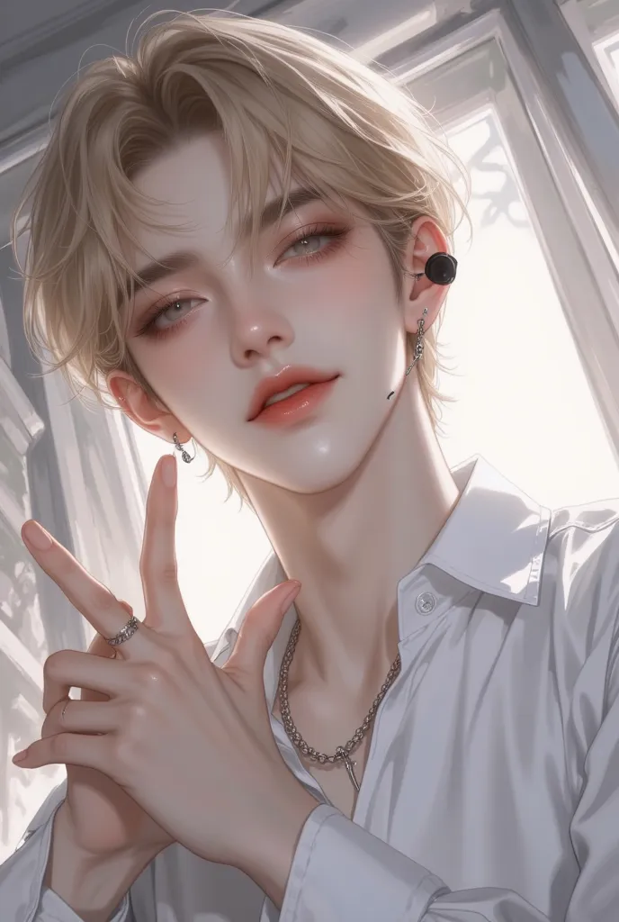 4k , 8k , manhwa , novel , Korea painting style , eyes details , sharp line , soft light , ((only 1 male blonde hair and brown eyes)) , short hair , ((no hair bang)) , (long shot) , wearing very loose shirt , long eyelash , music stage environments , good ...