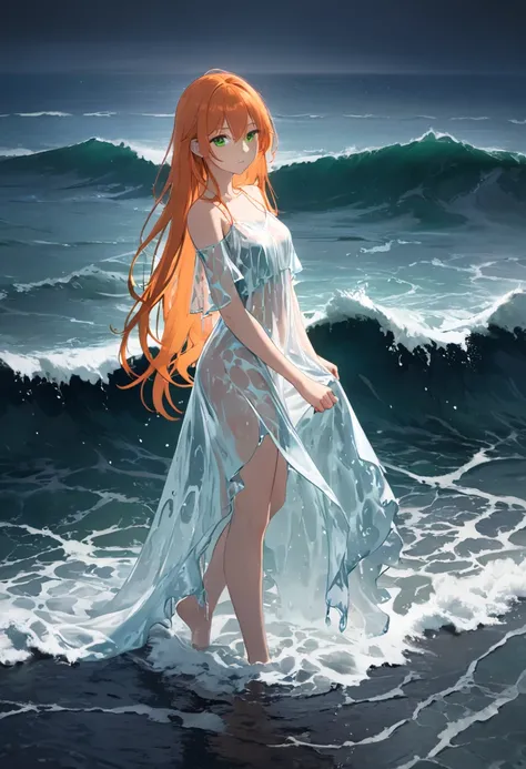 1girl, very long hair, orange hair, green eyes, delightful, expressionless, bare wrist, bare shoulders, bare neck, wet legs, mist, sea, water, wave, midnight, liquid clothes, liquid dress, water dress, sheer white dress, sundress,