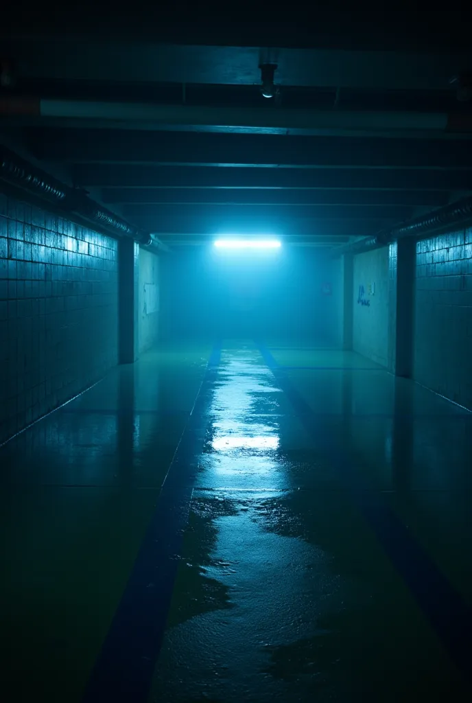 （ darkness），一片漆黑的大型PARKING LOT，PARKING LOT，PARKING LOT，（（（Huge space））），（（well-connected passageway）），cluttered fluorescent lights，Blue cold light从cluttered fluorescent lights四处闪耀，The water level floods part of the camera。Deep water covers地面，The water leve...