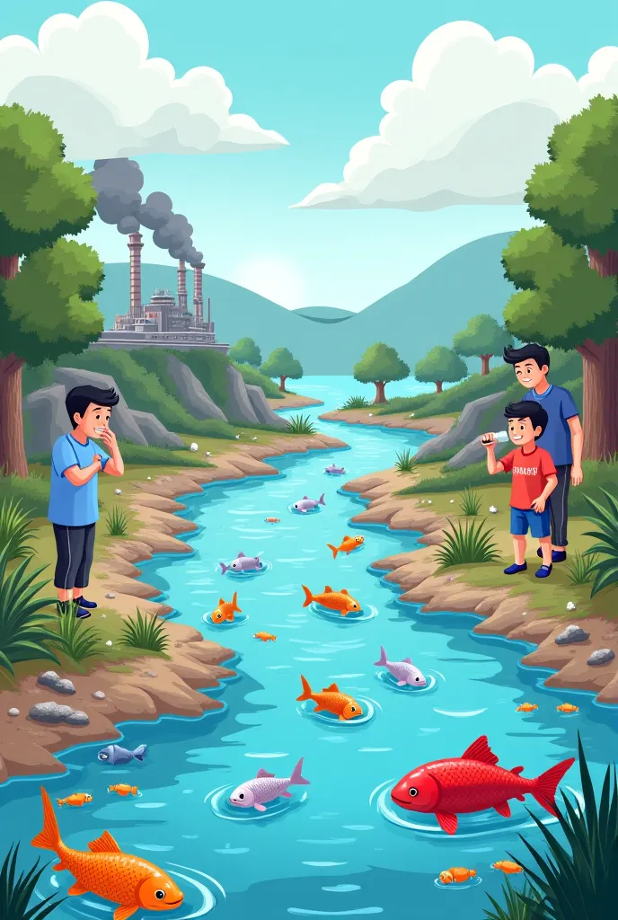 Scenario 1: The Causes of Water Pollution [Panel 1: A factory by the river, releasing black smoke and dirty water into it.]  Rolin: "Look at that factory! It’s dumping waste into the river!" Jen: "That’s why the water looks so dirty." [Panel 2: A person th...