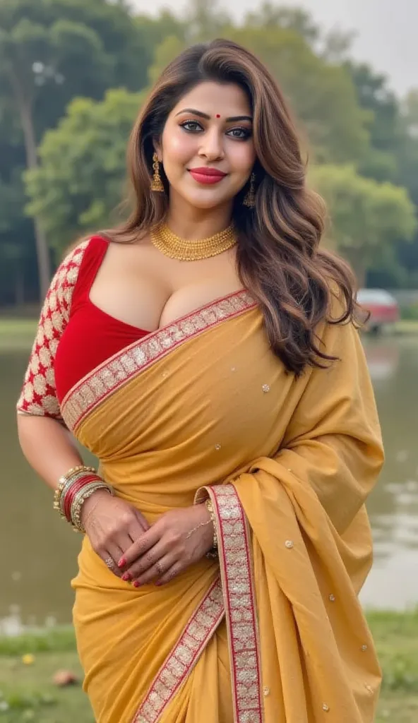 Hot Indian woman with longcut hair ,wearing standing woman,  Big cheeks & big breasts big waist wet clothes ,bold body women,(((desi girl))), chubby face, natural skin, wearing stunning bridal bra clothes  charming black & blonde hair, ((hair ends are brow...