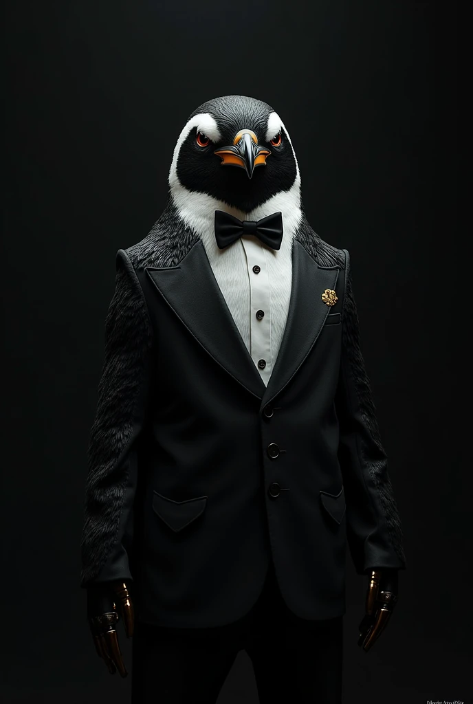 A female mafia penguin with a black background